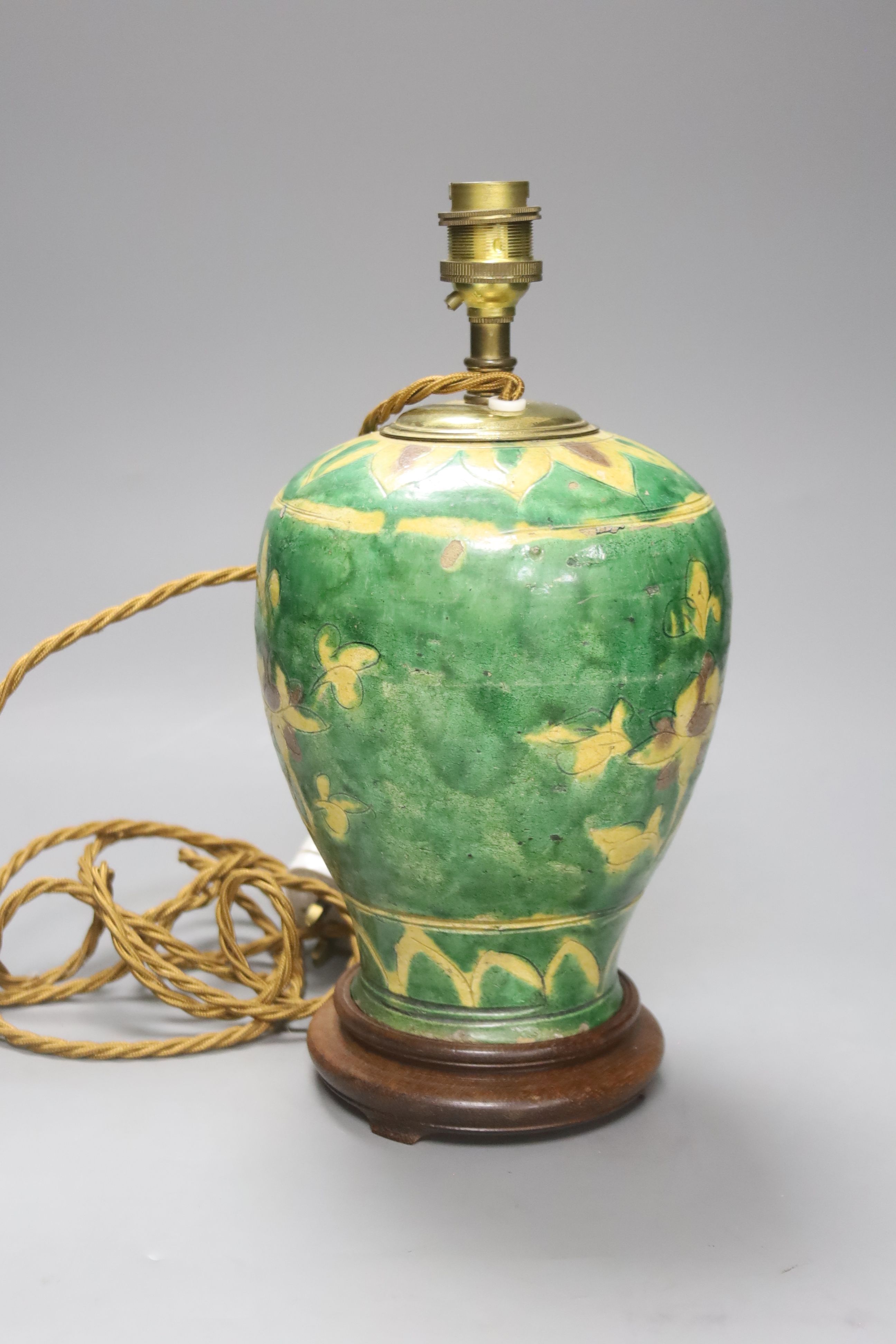 A Chinese sancai jar, Ming dynasty, mounted as a lamp, overall 30cm